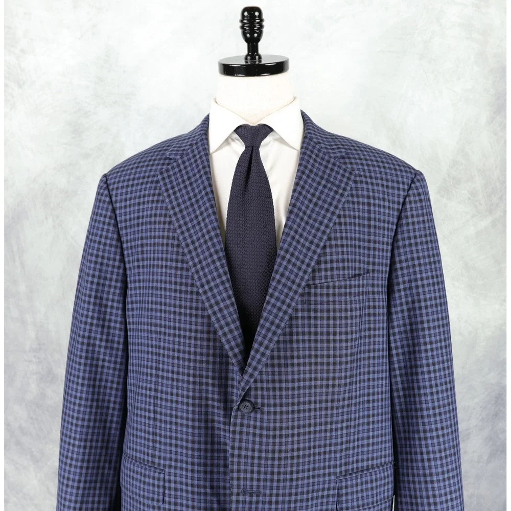 Samuelsohn Sport Coat Mens 48R Super 120s Wool Gingham Plaid Blue Blazer Jacket
